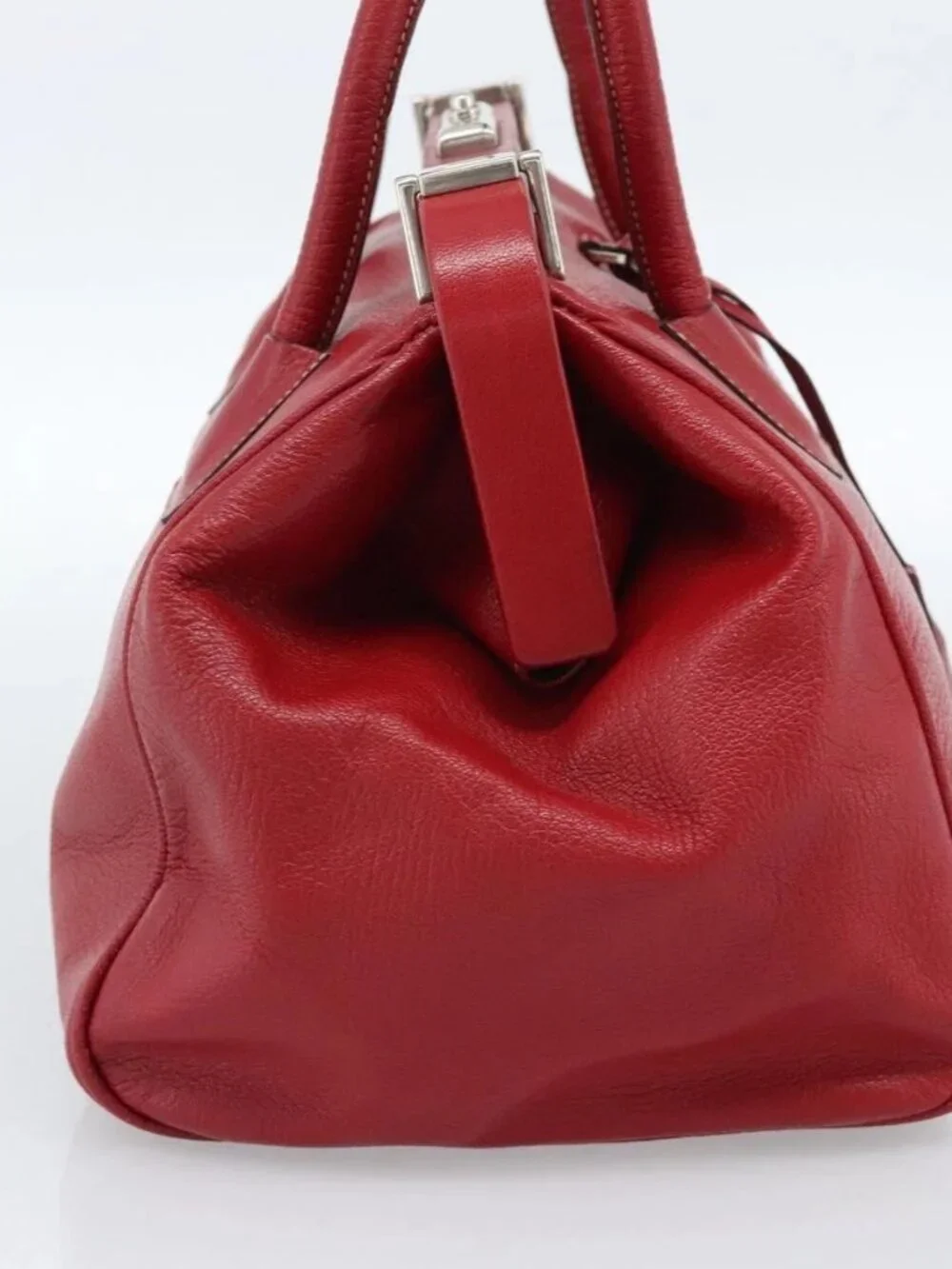 PRADA Hand Bag Leather Red Silver Auth